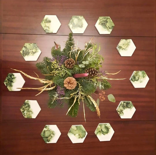 Moss Green & Gold Coasters- Custom & Bespoke Set Of 12 - Alfia